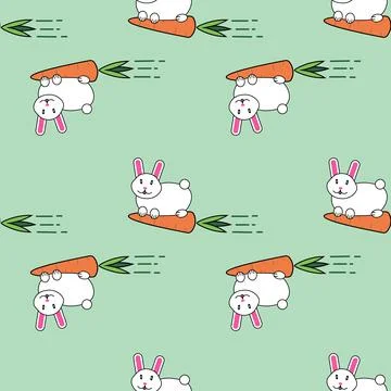 Vector seamless pattern with cute lovely cartoon bunny rabbit and carrots fun Stock Illustration