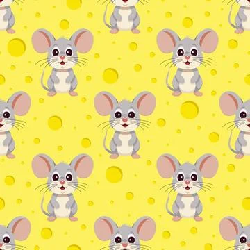 Vector seamless pattern. Cute mice on a background of cheese holes. Stock Illustration