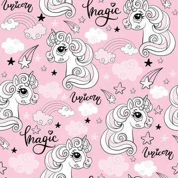 Vector seamless pattern with cute monochrome unicorns Illustrazione stock