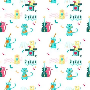 Vector seamless pattern with cute music cats Stock Illustration