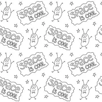 Vector seamless pattern with cute outline monsters aliens, space doodles, let イラスト素材