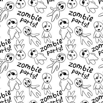 Vector seamless pattern with cute outline zombies in doodle flat style. Zombi Illustrazione stock