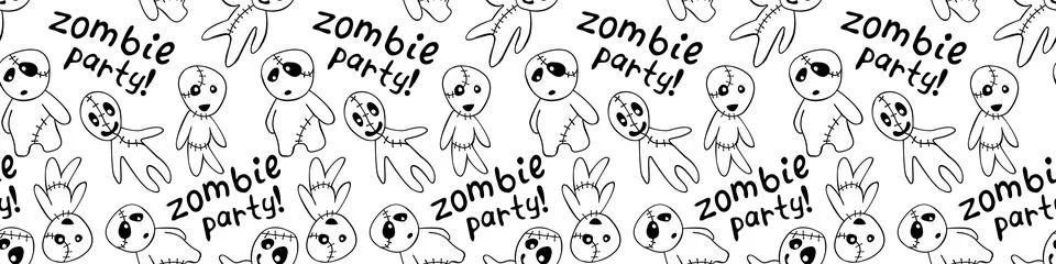 Vector seamless pattern with cute outline zombies in doodle flat style. Zombi Ilustración de archivo