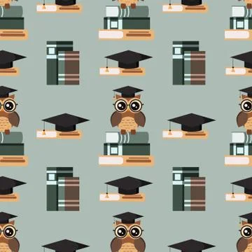 Vector seamless pattern with cute owl in eyeglasses with graduation cap sitti Stock Illustration
