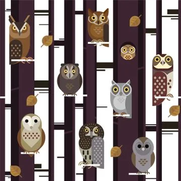 Vector seamless pattern with cute owls, leaves, forest trees Illustrazione stock