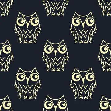 Vector seamless pattern with cute owls. Graphics, Monochrome print. Stylish g Stock Illustration
