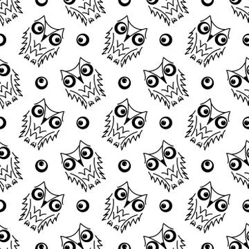 Vector seamless pattern with cute owls. Graphics, Monochrome print. Stylish Ilustración de archivo