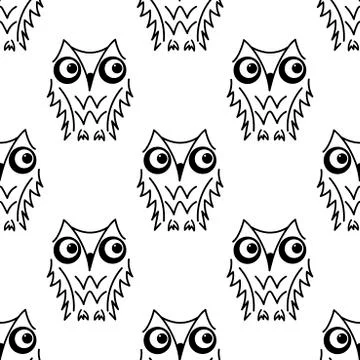 Vector seamless pattern with cute owls. Graphics, Monochrome print. 스톡 일러스트