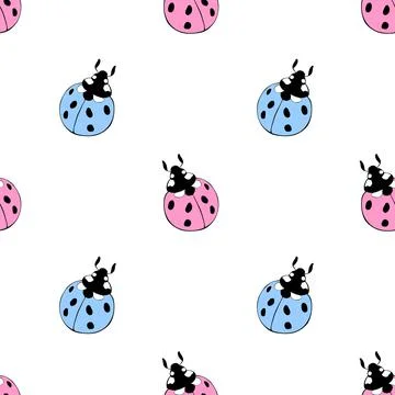 Vector seamless pattern of cute pink blue ladybugs in doodle flat style. Brig Illustrazione stock