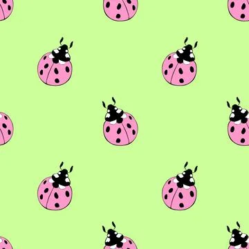 Vector seamless pattern of cute pink ladybugs in flat style. Background and t Stock Illustration
