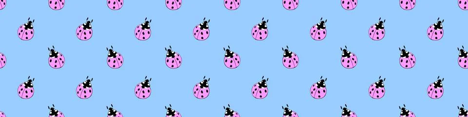Vector seamless pattern of cute pink ladybugs in flat style. Background and t Stock Illustration