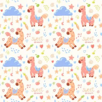 Vector seamless pattern with cute pink horses with red hearts surrounded with Stock Illustration
