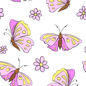 Vector seamless pattern of cute pink butterflies and flowers in doodle flat s 스톡 일러스트