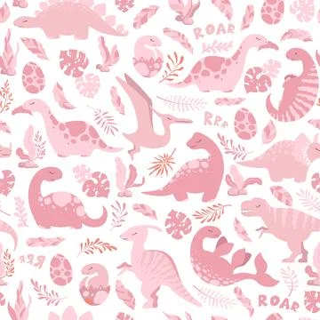 Vector seamless pattern with cute pink hand drawn cartoon dinosaurs, leaves.. Stock Illustration
