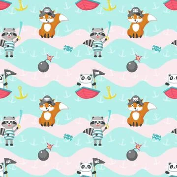 Vector seamless pattern with cute pirate animals Stock Illustration
