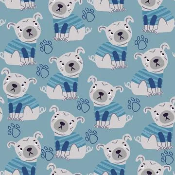 Vector seamless pattern with cute pugs wearing blue tshirt with paws on blue Stock Illustration