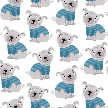 Vector seamless pattern with cute pugs wearing blue tshirt. Perfect for Stock Illustration