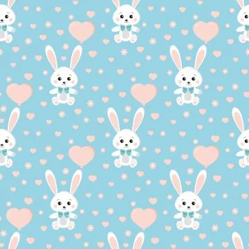 Vector seamless pattern with cute rabbit or hare with bow tie, ballon, hearts Stock Illustration