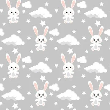 Vector seamless pattern with cute rabbits, clouds, stars on neutral grey colo 스톡 일러스트