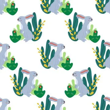 Vector seamless pattern with cute rabbits and leaves. Nursery print. Nature b Stock Illustration