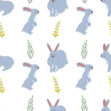 Vector seamless pattern with cute rabbits and leaves. Nursery print. Nature b Stock Illustration