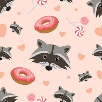 Vector seamless pattern with cute raccoon, donuts and lollipops on a pink bac Stock Illustration