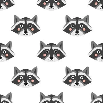 Vector seamless pattern with cute raccoon faces on white background. Illustrazione stock