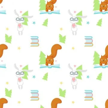 Vector seamless pattern with cute reading animals Stock Illustration