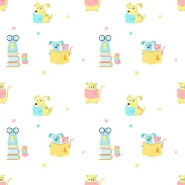 Vector seamless pattern with cute reading animals Illustrazione stock