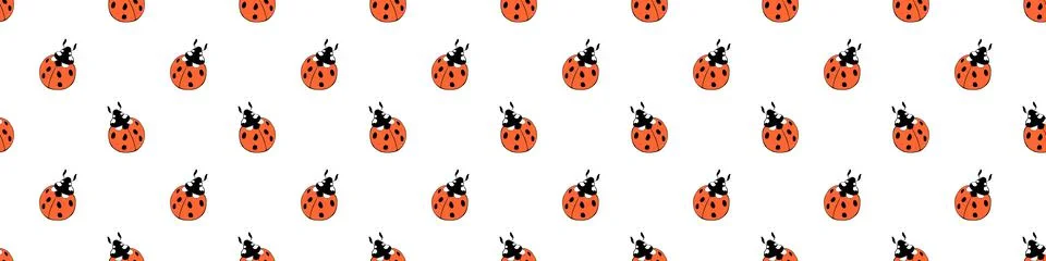 Vector seamless pattern of cute red ladybugs in doodle flat style. Bright bac Stock Illustration
