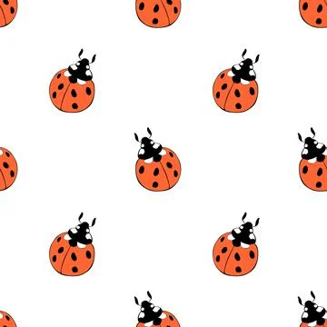 Vector seamless pattern of cute red ladybugs in doodle flat style. Bright bac Stock Illustration