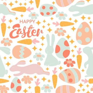Vector seamless pattern with cute retro icons for Easter design. Stock Illustration