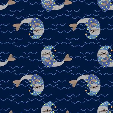 Vector seamless pattern with Cute seal animal is sleeping Stock Illustration