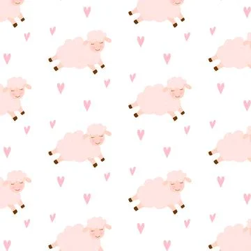 Vector seamless pattern with cute sheep and hearts Stock Illustration