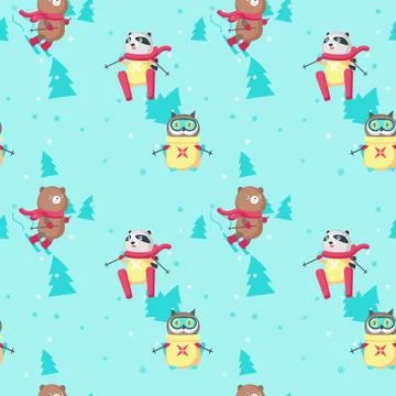 Vector seamless pattern with cute skiing animals Stock Illustration