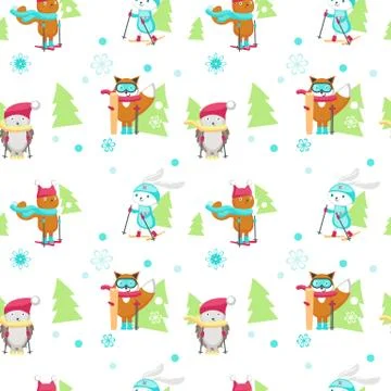 Vector seamless pattern with cute skiing animals Illustrazione stock