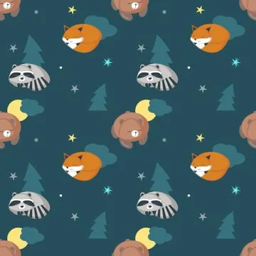 Vector seamless pattern with cute sleeping animals Stock Illustration