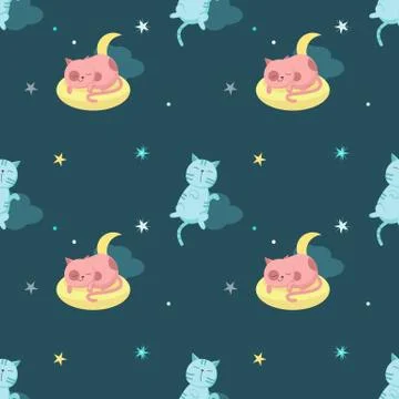 Vector seamless pattern with cute sleeping cats Stock Illustration
