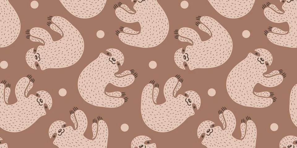 Vector seamless pattern with cute sloth in trendy Mocha Mousse color. Vecto.. Stock Illustration