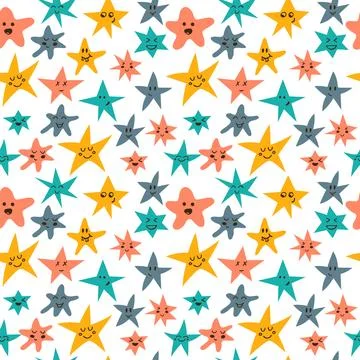 Vector seamless pattern with cute smiley stars. Abstract colorful background Stock Illustration