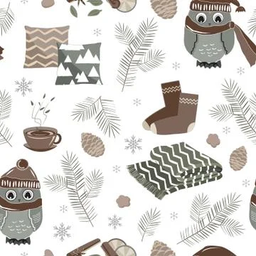 Vector seamless pattern with cute sport owls and fir trees Stock Illustration