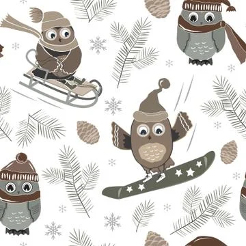 Vector seamless pattern with cute sport owls and fir trees Stock Illustration