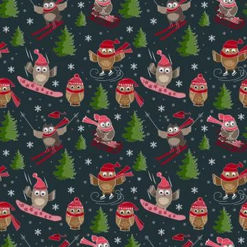 Vector seamless pattern. Cute sport owls Stock Illustration