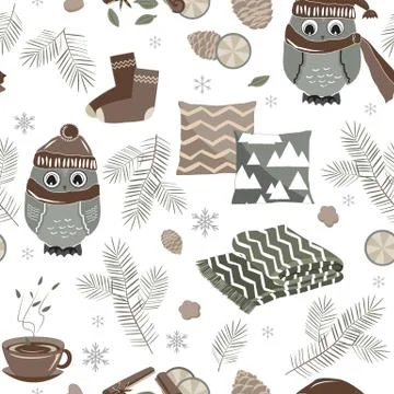Vector seamless pattern with cute sport owls and fir trees 스톡 일러스트