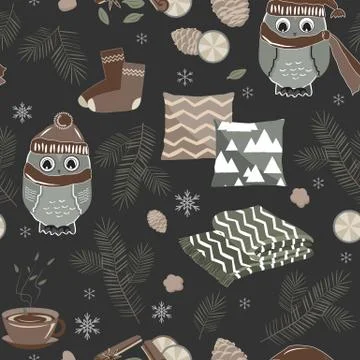 Vector seamless pattern with cute sport owls and fir trees Illustrazione stock
