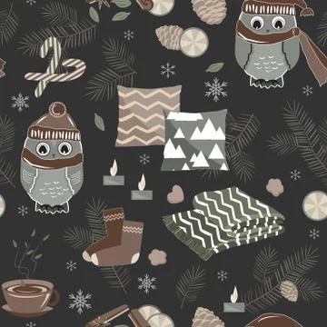 Vector seamless pattern with cute sport owls and fir trees イラスト素材