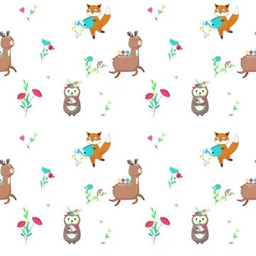 Vector seamless pattern with cute spring animals イラスト素材