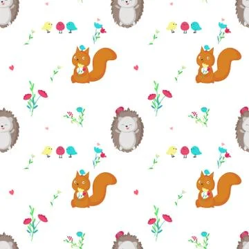 Vector seamless pattern with cute spring animals Stock Illustration