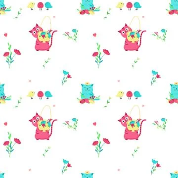 Vector seamless pattern with cute spring cats Stock Illustration