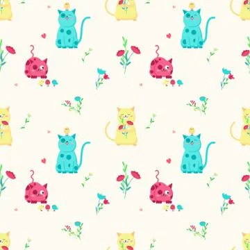 Vector seamless pattern with cute spring cats Stock Illustration